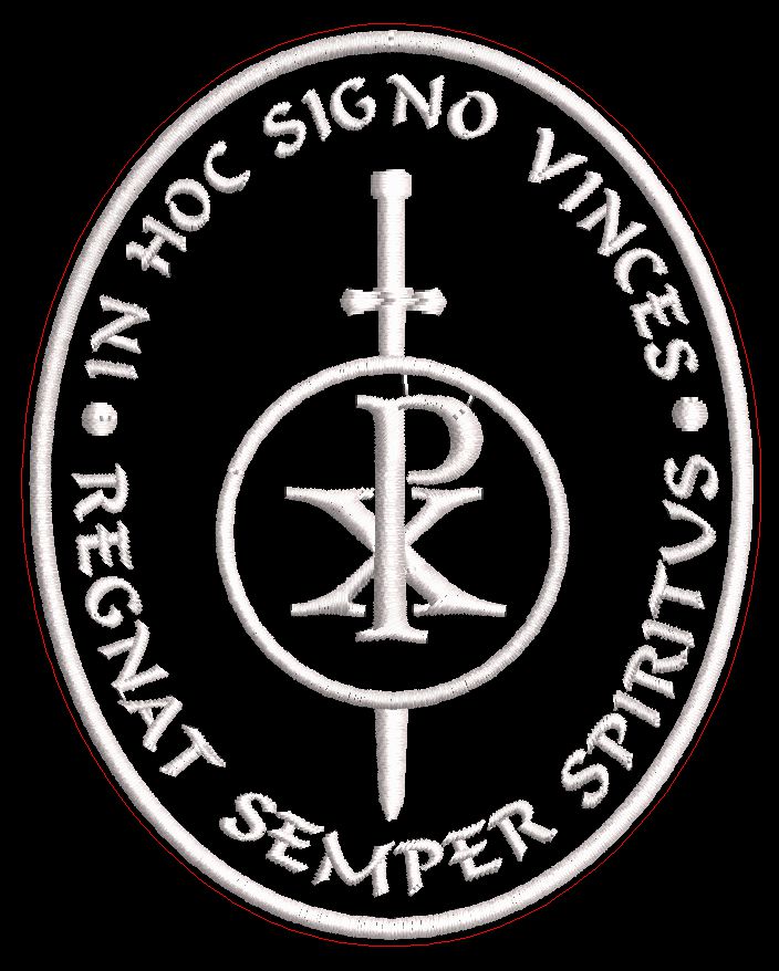 JB-002 Aufnäher oval ca. 10,5x8,5cm Stoff schwarz : IN HOC SIGNO VINCES