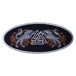 Gestickter Aufnäher Rückenpatch Geri und Freki Odins Wölfe mehrfarbig oval silberner Rand (ca. 31 x 14 cm)