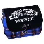 Blaue Kilttasche / Gürteltasche "Wolfszeit" mit schwarzem Leder und weißer Gravur