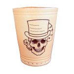 Dice cup engraved with cards, dice and a skull including 6 dice and bag