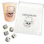 Dice cup engraved with cards, dice and a skull including 6 dice and bag