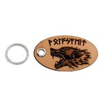 Genuine leather keyring/luggage tag engraved with your desired text and a wolf head